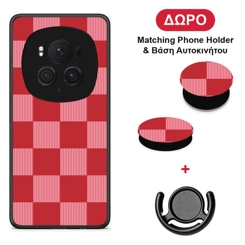 Red and Pink Striped Checks - Honor Magic6 Pro θήκη + Δώρο Phone Holder & Βάση Αυτοκινήτου