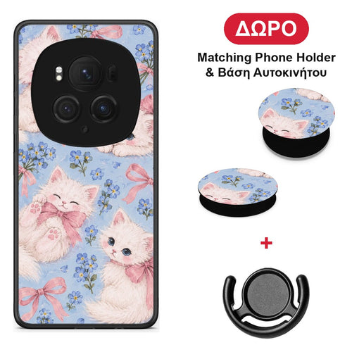 White Kittens and Blue Flowers Large - Honor Magic6 Pro θήκη + Δώρο Phone Holder & Βάση Αυτοκινήτου