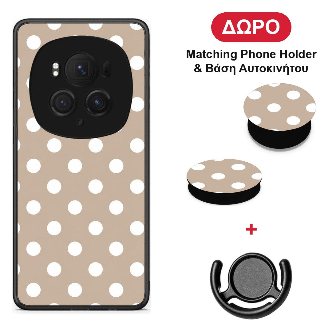 White Polka Dots on Taupe - Honor Magic6 Pro θήκη + Δώρο Phone Holder & Βάση Αυτοκινήτου