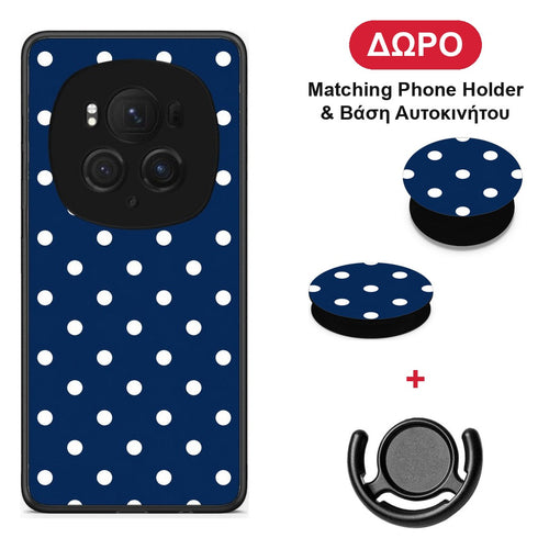 White Small Polka Dots on Navy - Honor Magic6 Pro θήκη + Δώρο Phone Holder & Βάση Αυτοκινήτου