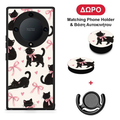 Black Kittens and Pink Bows on Cream Large - Honor X40 θήκη + Δώρο Phone Holder & Βάση Αυτοκινήτου
