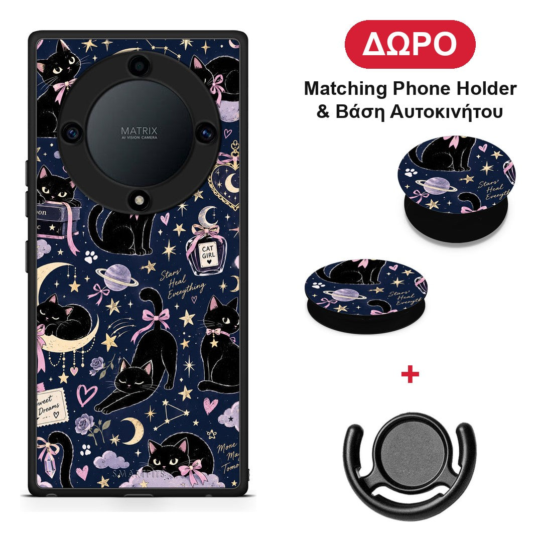 Celestial Black Cats on Navy - Honor X40 θήκη + Δώρο Phone Holder & Βάση Αυτοκινήτου
