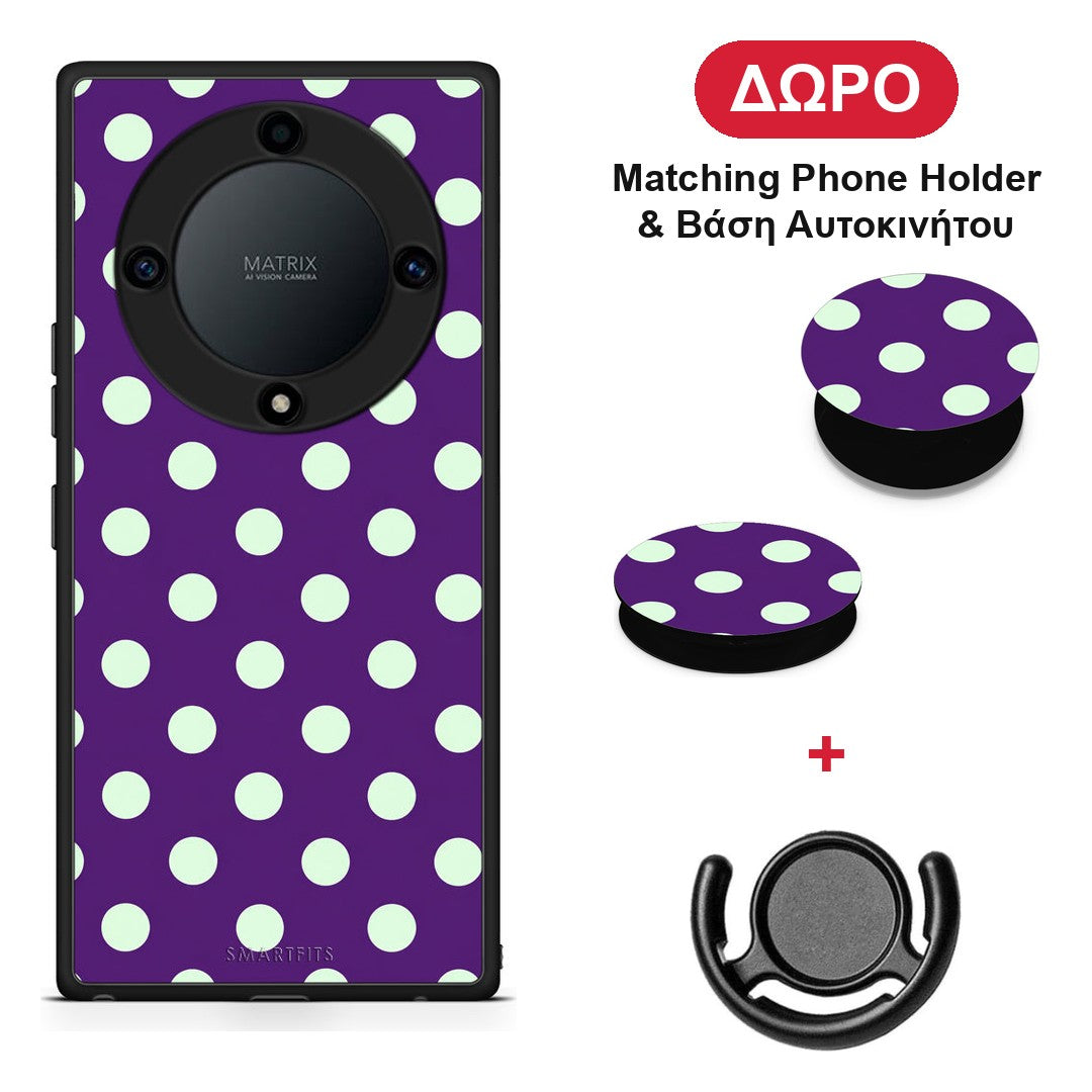 Mint Polka Dots on Purple - Honor X40 θήκη + Δώρο Phone Holder & Βάση Αυτοκινήτου