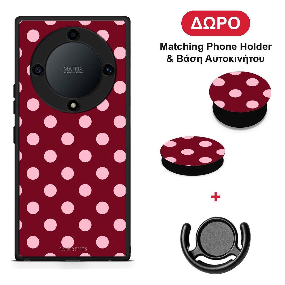Pink Polka Dots on Burgundy - Honor X40 θήκη + Δώρο Phone Holder & Βάση Αυτοκινήτου