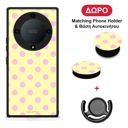 Pink Polka Dots on Yellow - Honor X40 θήκη + Δώρο Phone Holder & Βάση Αυτοκινήτου