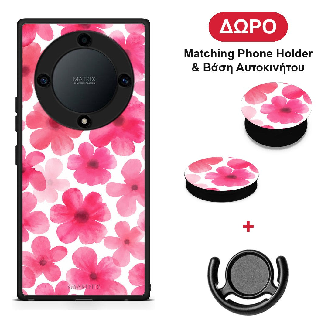 Pink Watercolour Flowers on White - Honor X40 θήκη + Δώρο Phone Holder & Βάση Αυτοκινήτου
