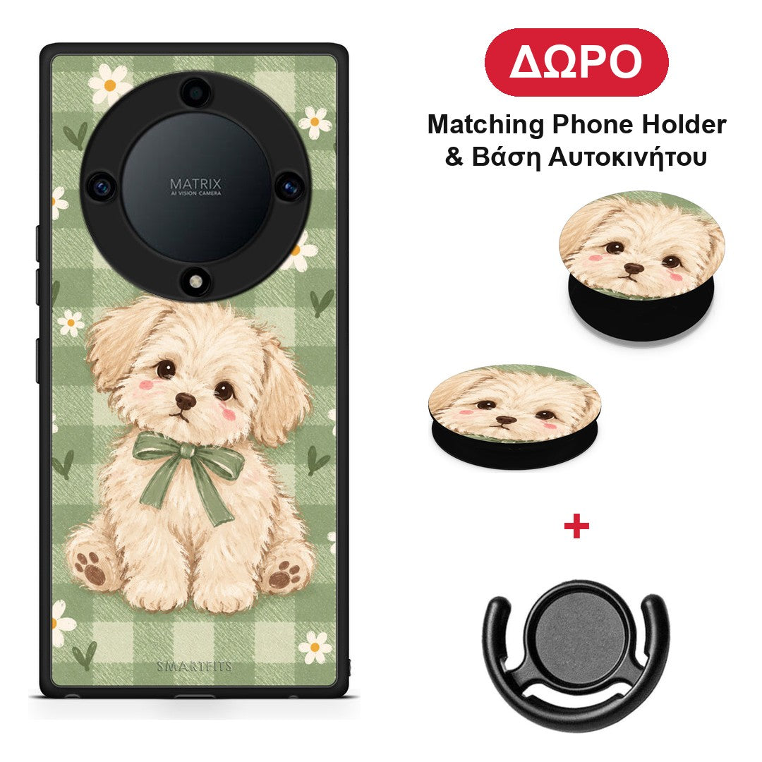 Puppy and Daisies on Sage Gingham - Honor X40 θήκη + Δώρο Phone Holder & Βάση Αυτοκινήτου