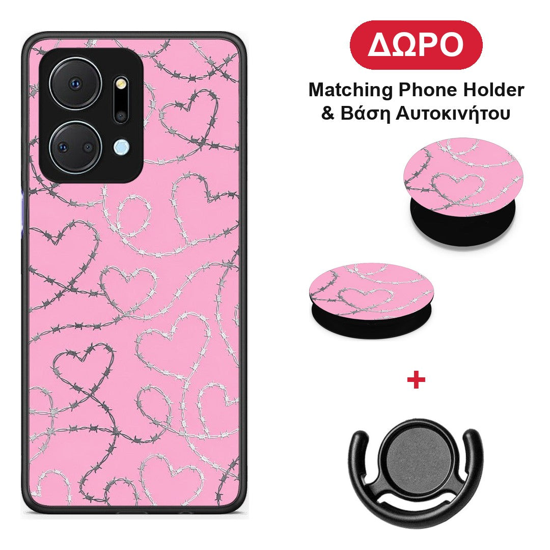 Barbed Wire Hearts on Pink - Honor X7a θήκη + Δώρο Phone Holder & Βάση Αυτοκινήτου