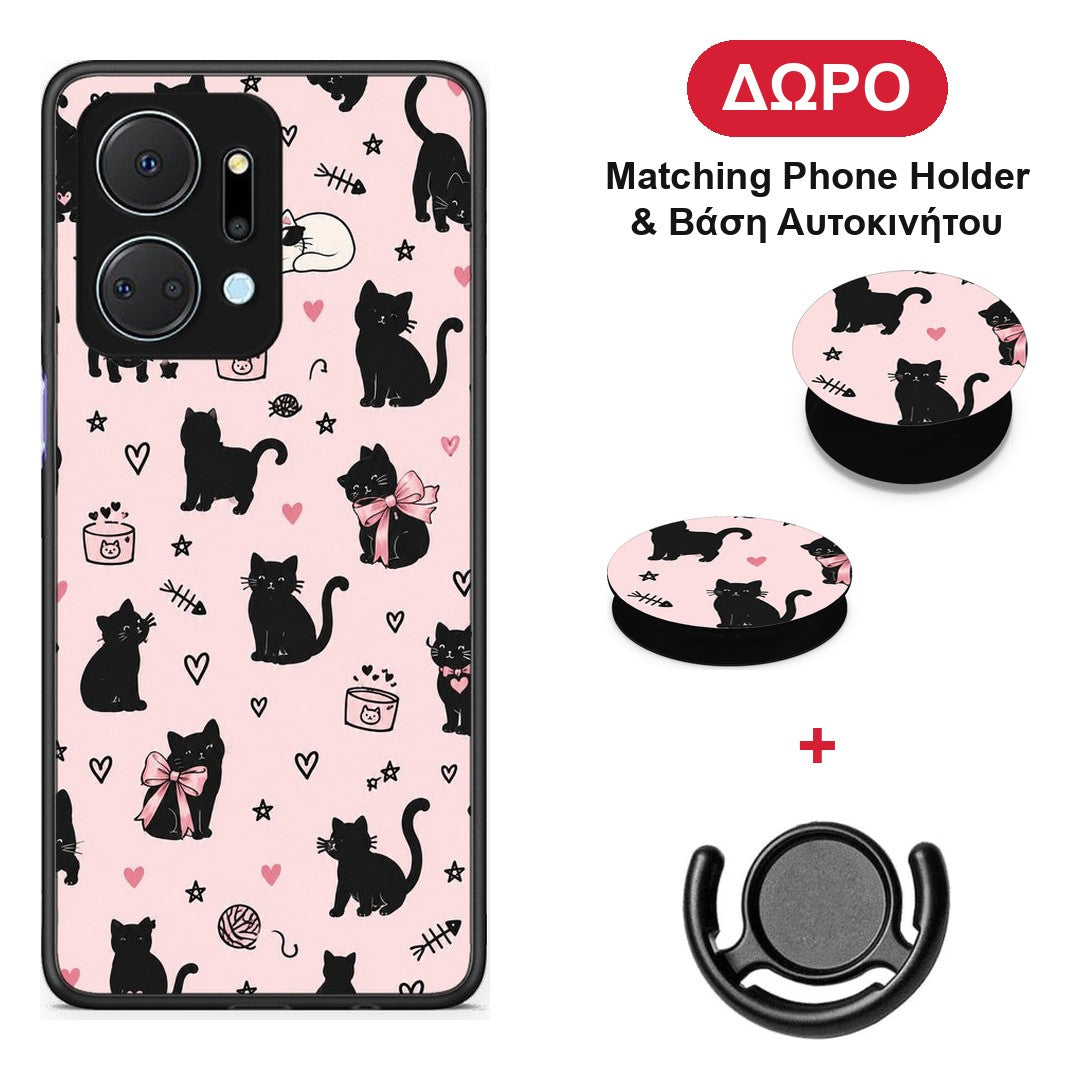 Black Cat Doodles on Pink - Honor X7a θήκη + Δώρο Phone Holder & Βάση Αυτοκινήτου