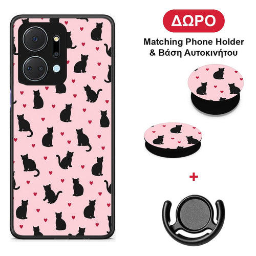 Black Cat Silhouettes and Hearts on Pink - Honor X7a θήκη + Δώρο Phone Holder & Βάση Αυτοκινήτου