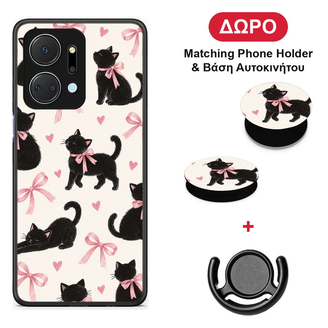 Black Kittens and Pink Bows on Cream Large - Honor X7a θήκη + Δώρο Phone Holder & Βάση Αυτοκινήτου