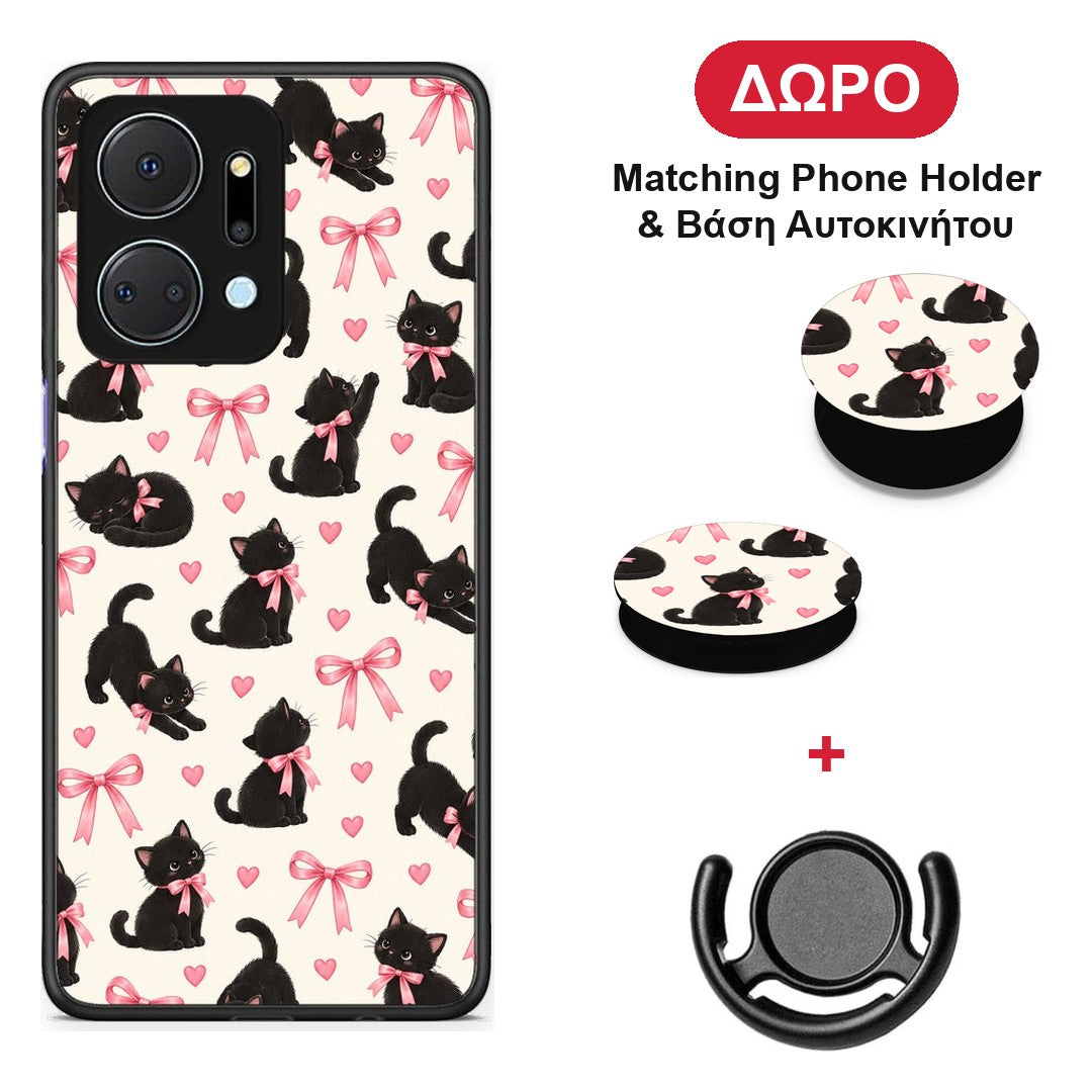 Black Kittens and Pink Bows on Cream Small - Honor X7a θήκη + Δώρο Phone Holder & Βάση Αυτοκινήτου