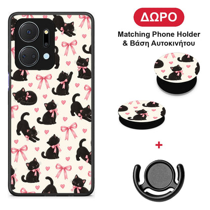 Black Kittens and Pink Bows on Cream Small - Honor X7a θήκη + Δώρο Phone Holder & Βάση Αυτοκινήτου