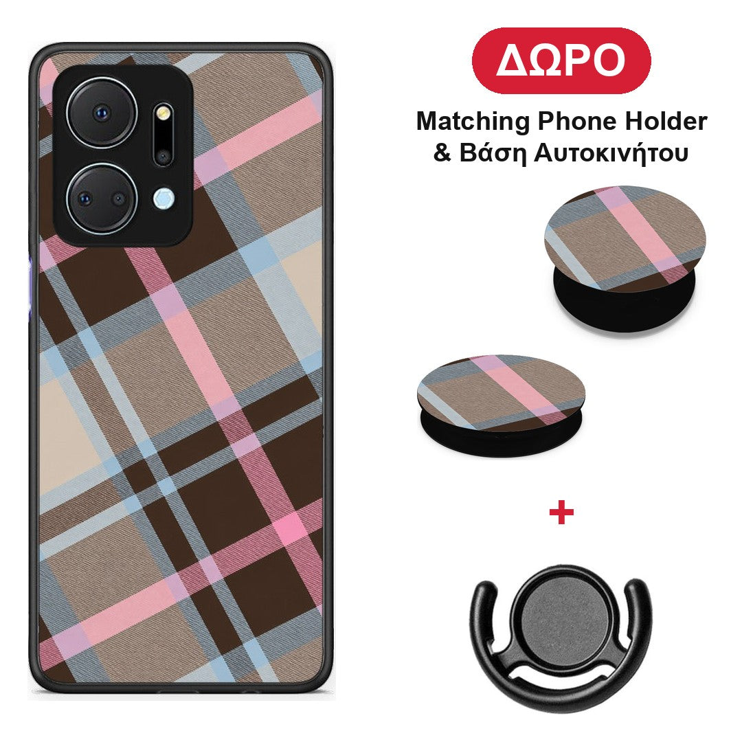 Brown Pink and Blue Diagonal Plaid - Honor X7a θήκη + Δώρο Phone Holder & Βάση Αυτοκινήτου