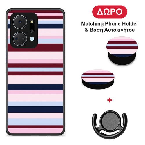 Burgundy Pink and Blue Horizontal Stripes - Honor X7a θήκη + Δώρο Phone Holder & Βάση Αυτοκινήτου