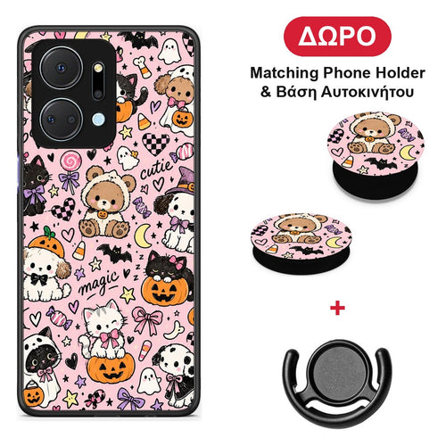 Halloween Cute Animals on Pink - Honor X7a θήκη + Δώρο Phone Holder & Βάση Αυτοκινήτου