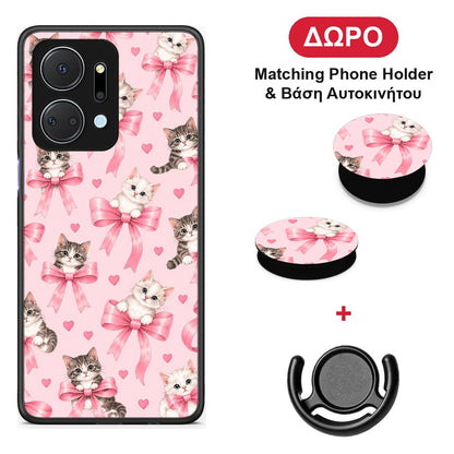 Kittens and Pink Bows on Pink - Honor X7a θήκη + Δώρο Phone Holder & Βάση Αυτοκινήτου