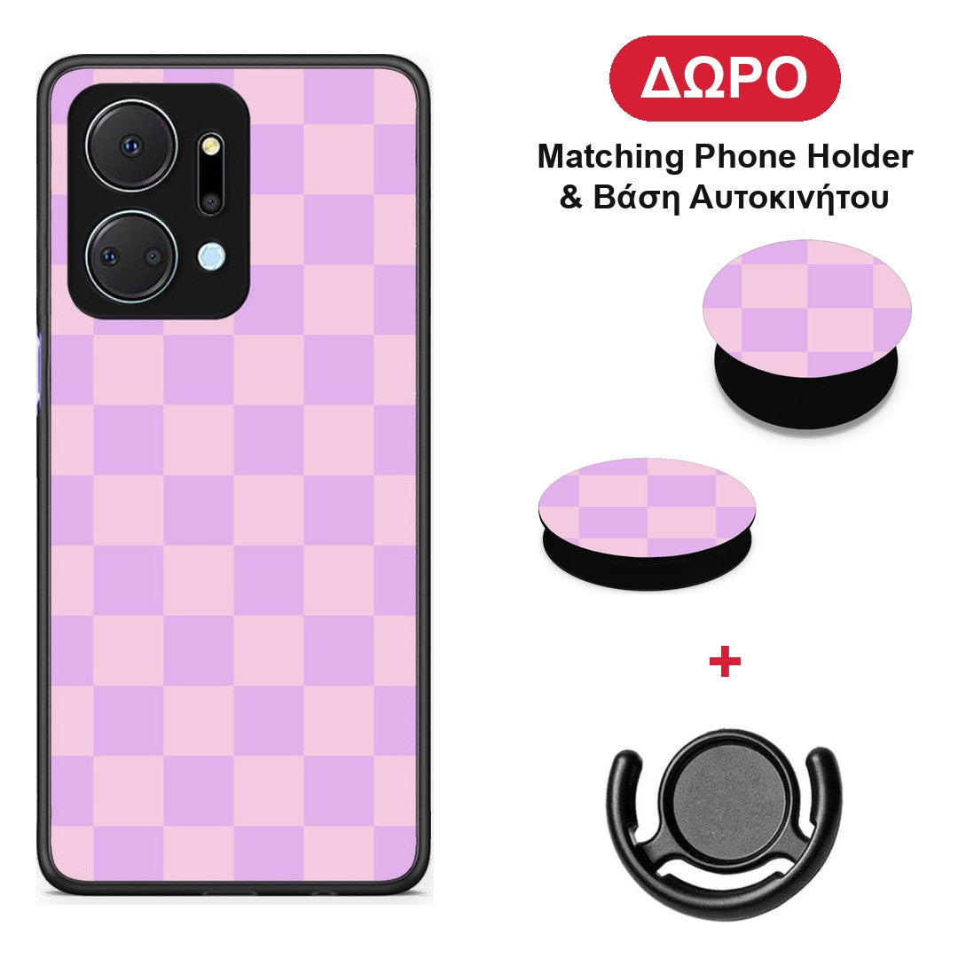 Lavender and Pink Checkerboard - Honor X7a θήκη + Δώρο Phone Holder & Βάση Αυτοκινήτου