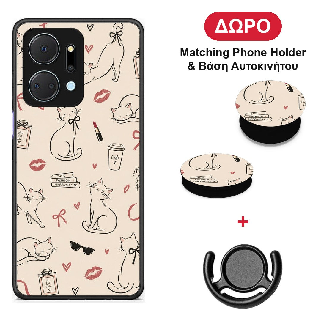 Minimal Cat and Fashion Doodles on Cream - Honor X7a θήκη + Δώρο Phone Holder & Βάση Αυτοκινήτου