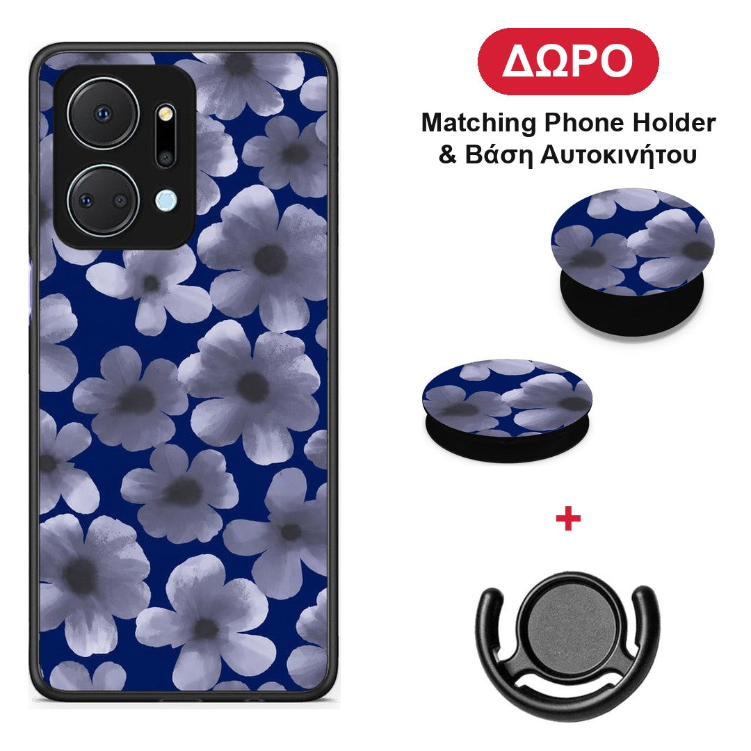 Pale Blue Flowers on Navy - Honor X7a θήκη + Δώρο Phone Holder & Βάση Αυτοκινήτου