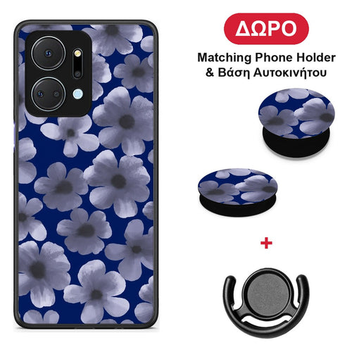 Pale Blue Flowers on Navy - Honor X7a θήκη + Δώρο Phone Holder & Βάση Αυτοκινήτου