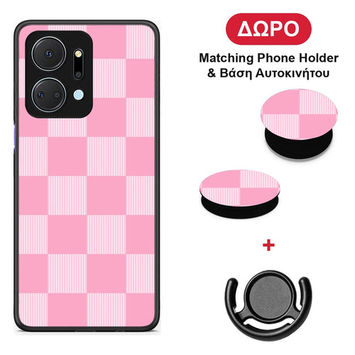 Pink and White Striped Checks - Honor X7a θήκη + Δώρο Phone Holder & Βάση Αυτοκινήτου
