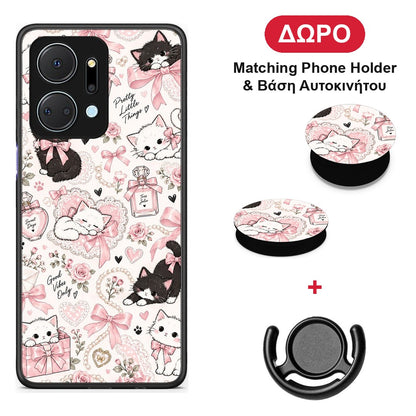 Pink Bows and Kittens Collage - Honor X7a θήκη + Δώρο Phone Holder & Βάση Αυτοκινήτου