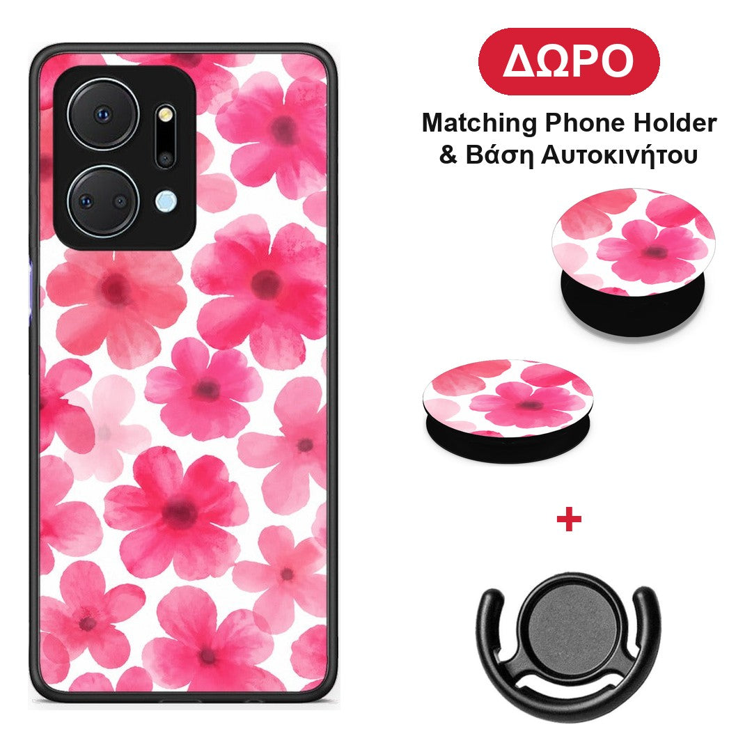 Pink Watercolour Flowers on White - Honor X7a θήκη + Δώρο Phone Holder & Βάση Αυτοκινήτου