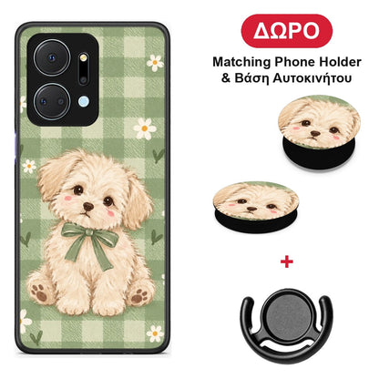 Puppy and Daisies on Sage Gingham - Honor X7a θήκη + Δώρο Phone Holder & Βάση Αυτοκινήτου