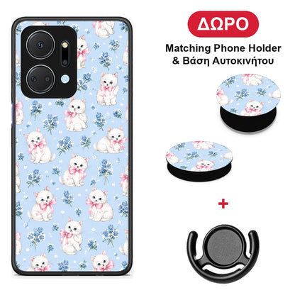 White Kittens and Blue Flowers Small - Honor X7a θήκη + Δώρο Phone Holder & Βάση Αυτοκινήτου