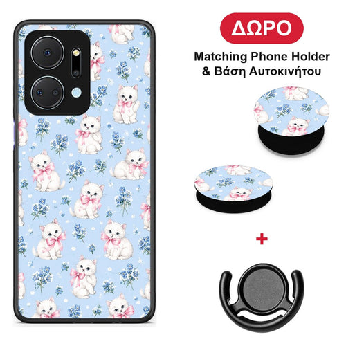 White Kittens and Blue Flowers Small - Honor X7a θήκη + Δώρο Phone Holder & Βάση Αυτοκινήτου