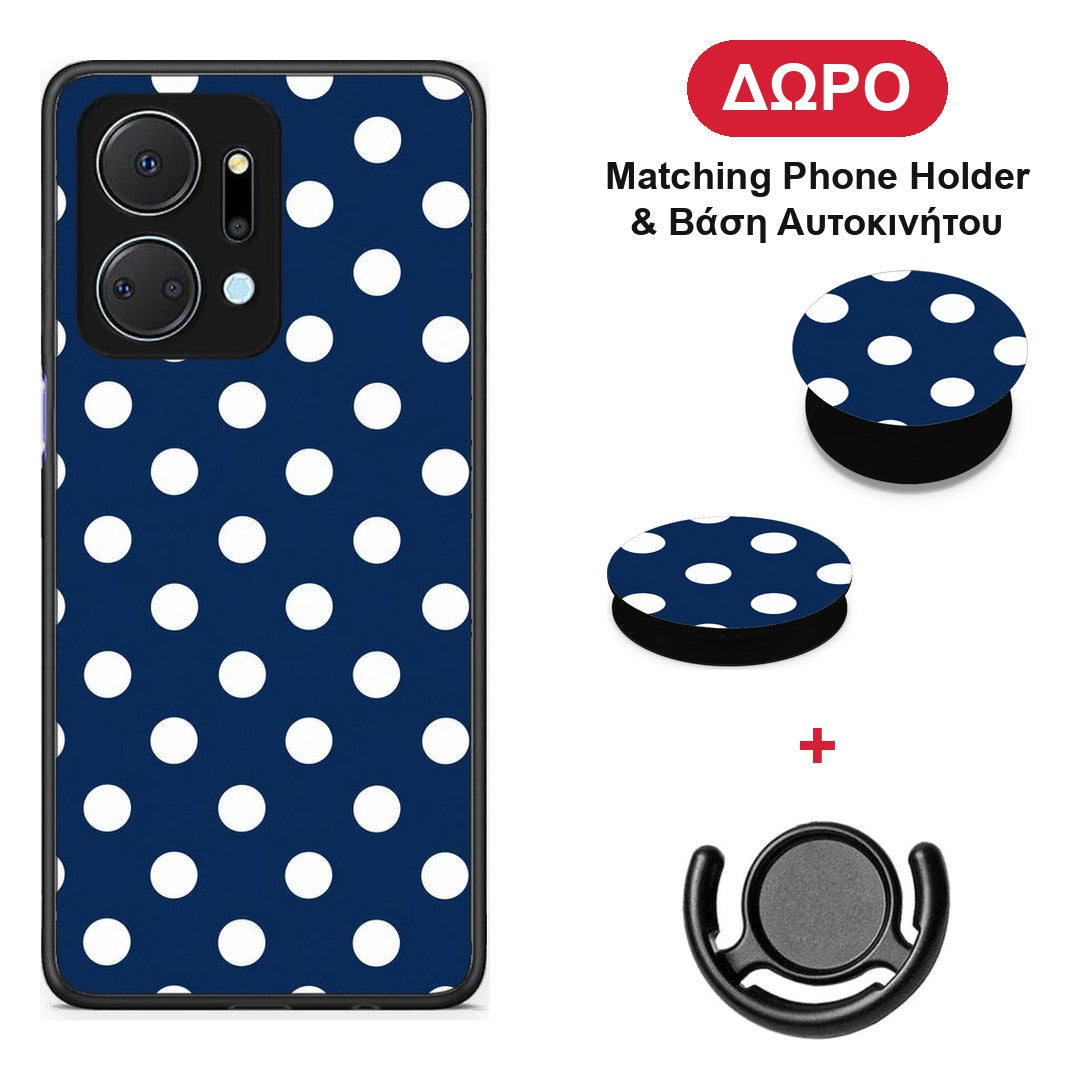 White Large Polka Dots on Navy - Honor X7a θήκη + Δώρο Phone Holder & Βάση Αυτοκινήτου