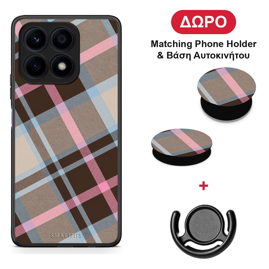 Brown Pink and Blue Diagonal Plaid - Honor X8a θήκη + Δώρο Phone Holder & Βάση Αυτοκινήτου