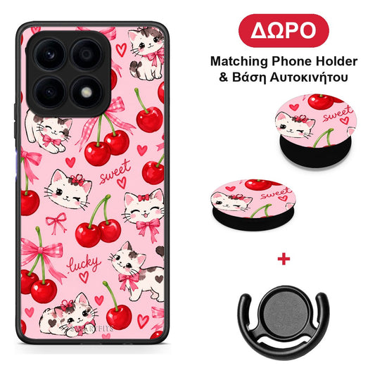 Cherries Bows and Kittens on Pink - Honor X8a θήκη + Δώρο Phone Holder & Βάση Αυτοκινήτου