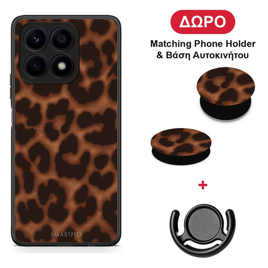 Leopard Print Dark Brown - Honor X8a θήκη + Δώρο Phone Holder & Βάση Αυτοκινήτου
