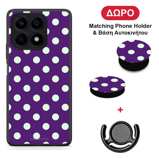 Mint Polka Dots on Purple - Honor X8a θήκη + Δώρο Phone Holder & Βάση Αυτοκινήτου