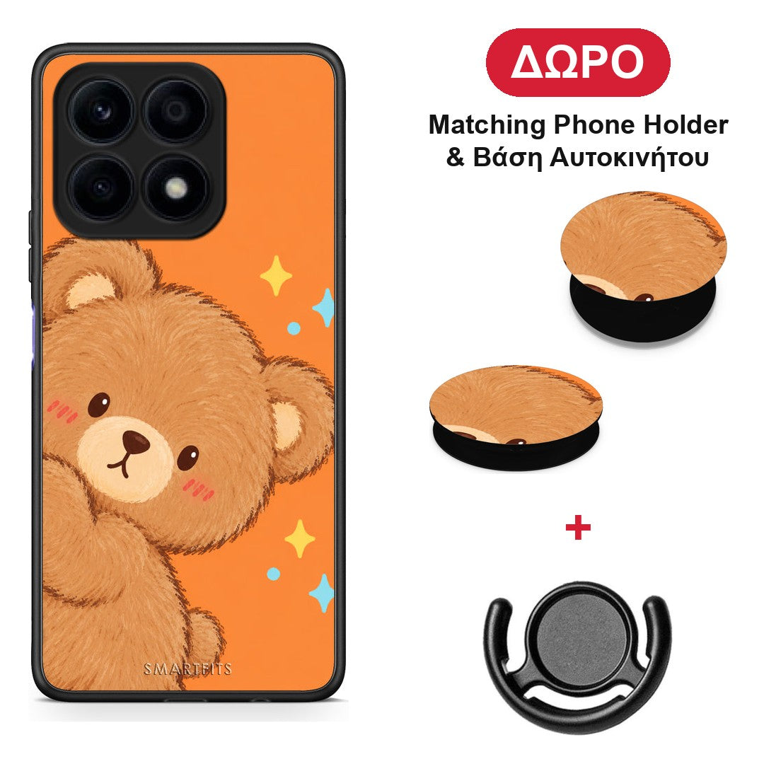 Peekaboo Teddy on Orange - Honor X8a θήκη + Δώρο Phone Holder & Βάση Αυτοκινήτου