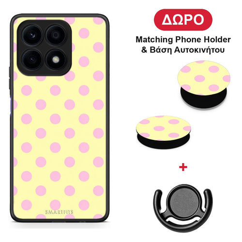 Pink Polka Dots on Yellow - Honor X8a θήκη + Δώρο Phone Holder & Βάση Αυτοκινήτου