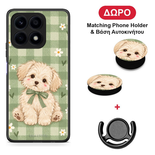 Puppy and Daisies on Sage Gingham - Honor X8a θήκη + Δώρο Phone Holder & Βάση Αυτοκινήτου