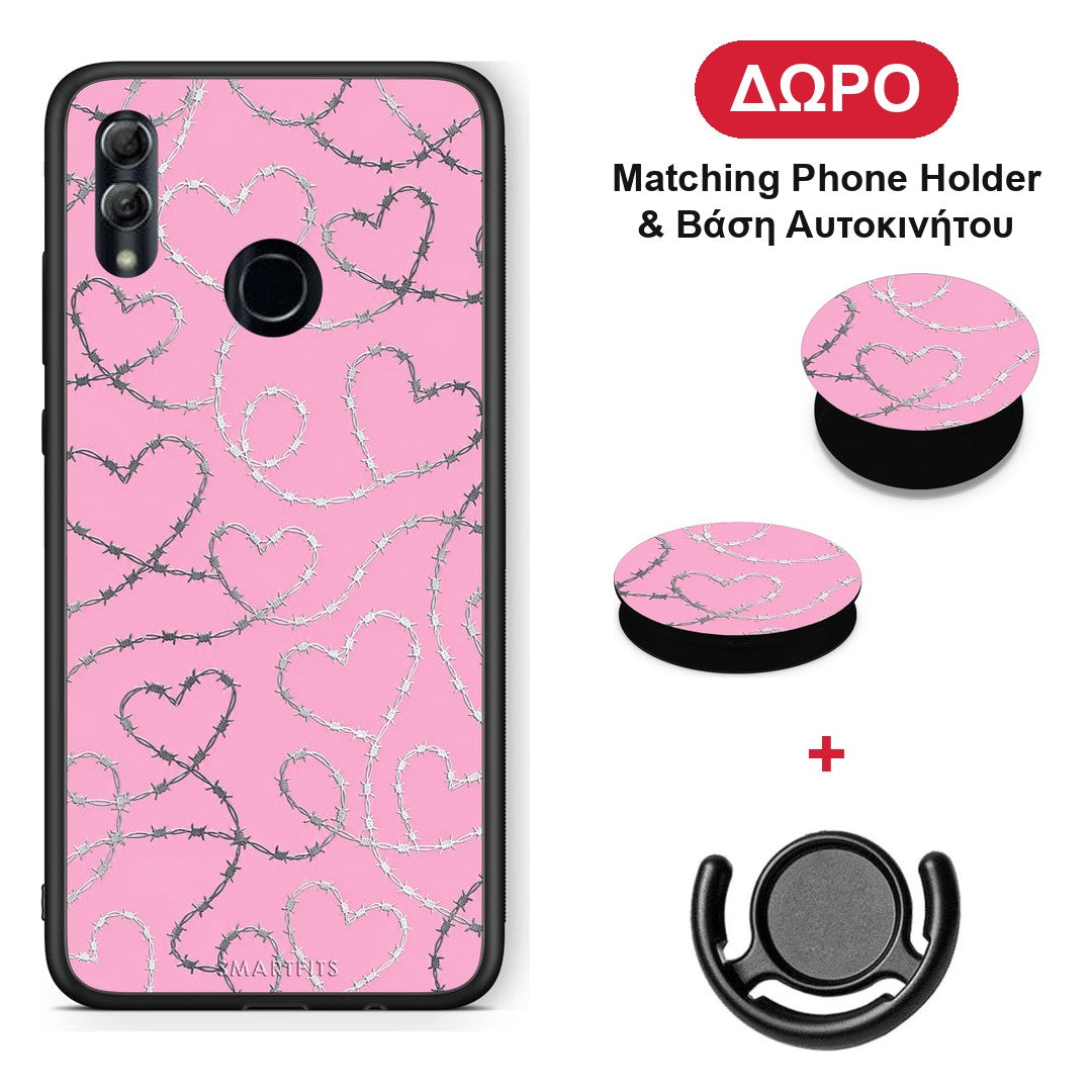 Barbed Wire Hearts on Pink - Honor 10 Lite θήκη + Δώρο Phone Holder & Βάση Αυτοκινήτου