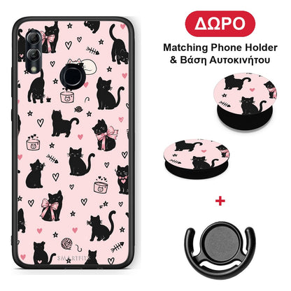Black Cat Doodles on Pink - Honor 10 Lite θήκη + Δώρο Phone Holder & Βάση Αυτοκινήτου