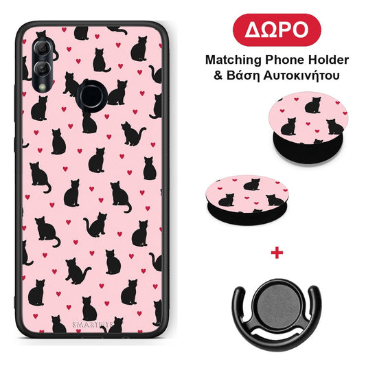 Black Cat Silhouettes and Hearts on Pink - Honor 10 Lite θήκη + Δώρο Phone Holder & Βάση Αυτοκινήτου