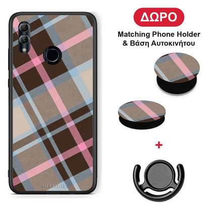 Brown Pink and Blue Diagonal Plaid - Honor 10 Lite θήκη + Δώρο Phone Holder & Βάση Αυτοκινήτου
