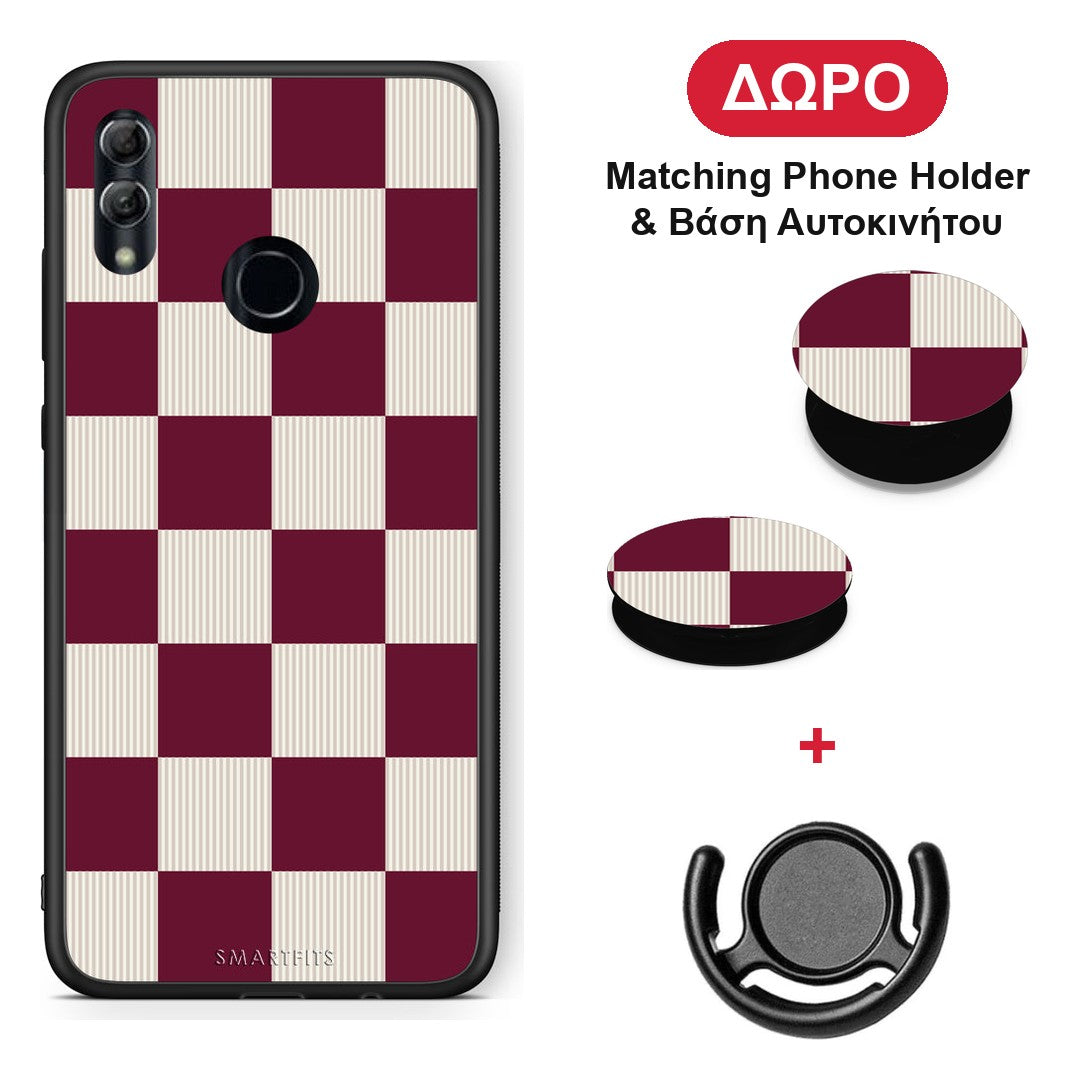 Burgundy and Cream Striped Checks - Honor 10 Lite θήκη + Δώρο Phone Holder & Βάση Αυτοκινήτου