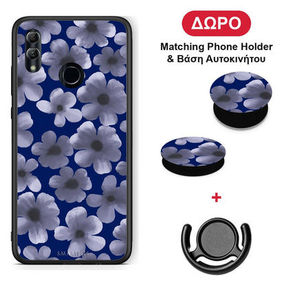 Pale Blue Flowers on Navy - Honor 10 Lite θήκη + Δώρο Phone Holder & Βάση Αυτοκινήτου