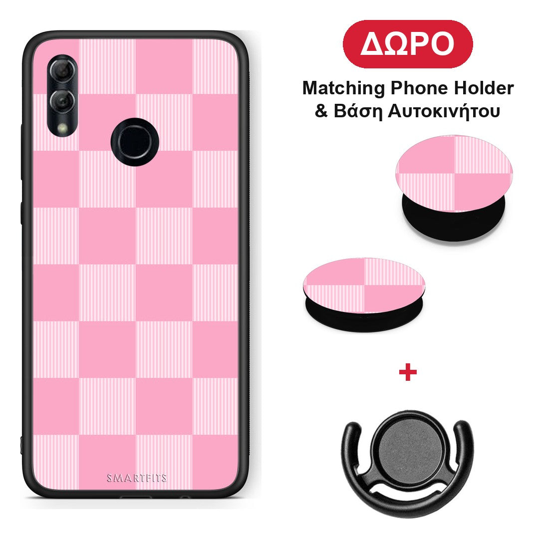 Pink and White Striped Checks - Honor 10 Lite θήκη + Δώρο Phone Holder & Βάση Αυτοκινήτου