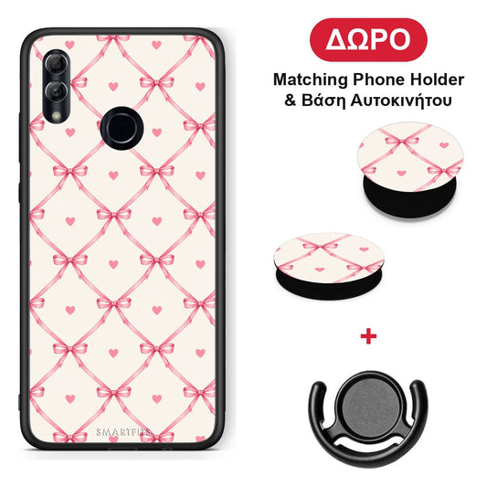 Pink Bow Lattice and Hearts on Cream - Honor 10 Lite θήκη + Δώρο Phone Holder & Βάση Αυτοκινήτου