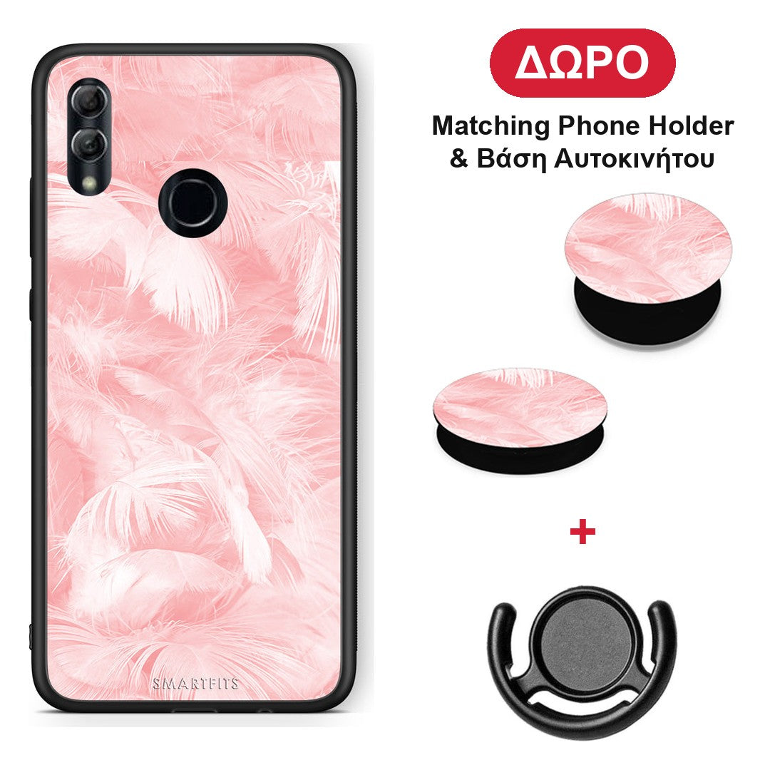 Boho Pink Feather - Honor 10 Lite θήκη + Δώρο Phone Holder & Βάση Αυτοκινήτου