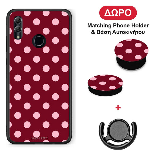 Pink Polka Dots on Burgundy - Honor 10 Lite θήκη + Δώρο Phone Holder & Βάση Αυτοκινήτου