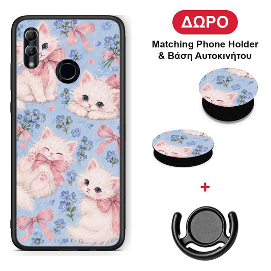 White Kittens and Blue Flowers Large - Honor 10 Lite θήκη + Δώρο Phone Holder & Βάση Αυτοκινήτου
